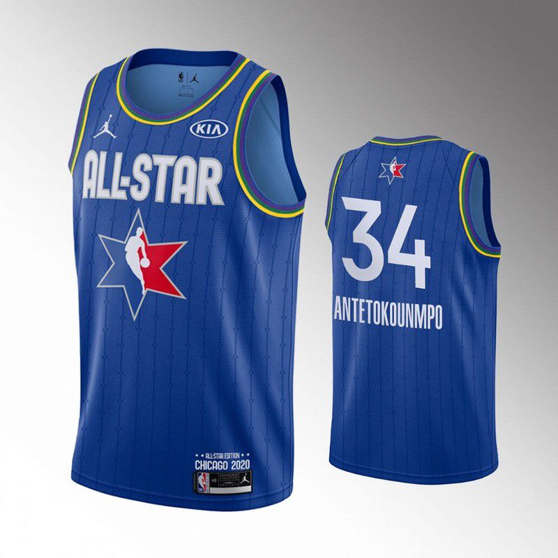 Men Milwaukee Bucks #34 Antetokounmp Blue 2020 All Star NBA Jerseys